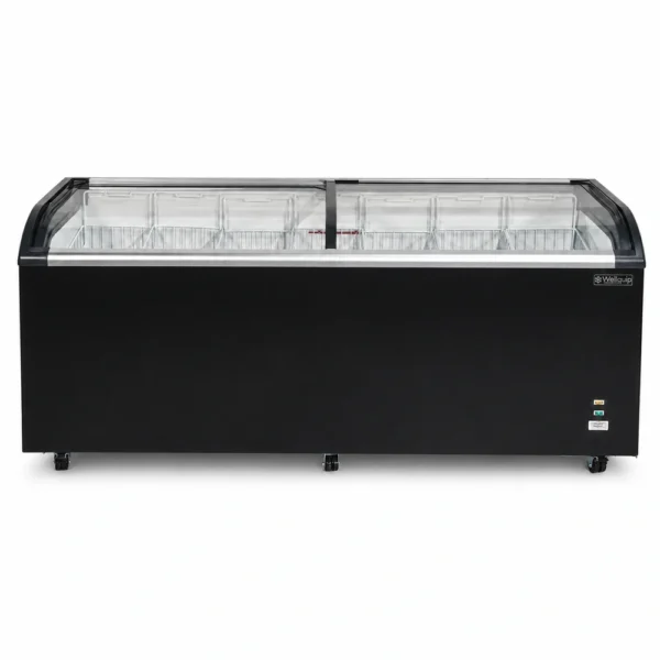 Energy-efficient glass display chest freezer with 720L capacity, LED lighting and curved sliding doors