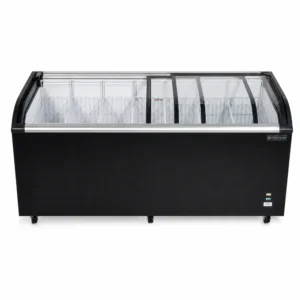 Energy-efficient glass display chest freezer with 720L capacity, LED lighting and curved sliding doors