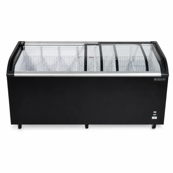 Energy-efficient glass display chest freezer with 720L capacity, LED lighting and curved sliding doors