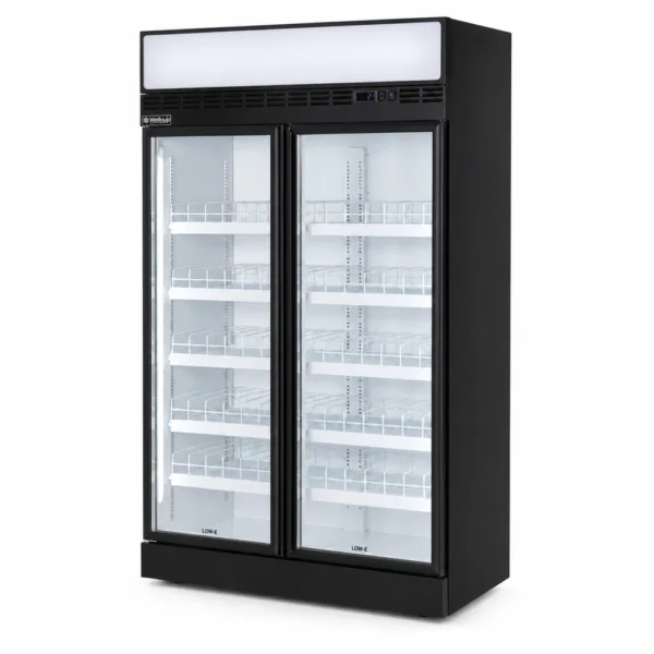 2 door commercial upright display fridge with glass doors and LED lighting