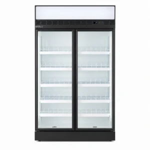 2 door commercial upright display fridge with glass doors and LED lighting