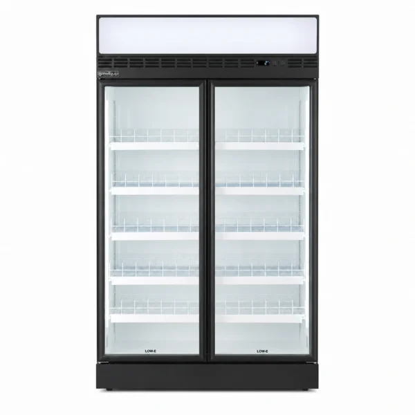 2 door commercial upright display fridge with glass doors and LED lighting