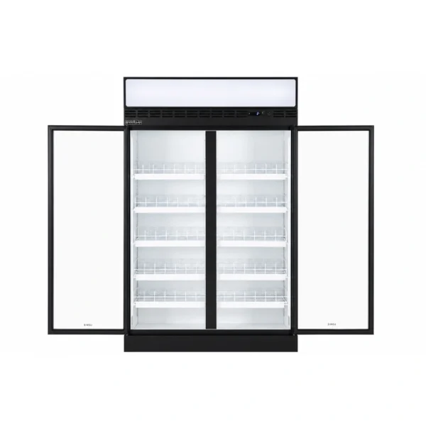 2 door commercial upright display fridge with glass doors and LED lighting