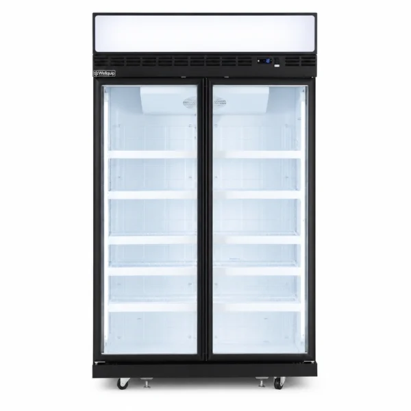 2 door upright display freezer with glass doors, auto defrost and LED lighting