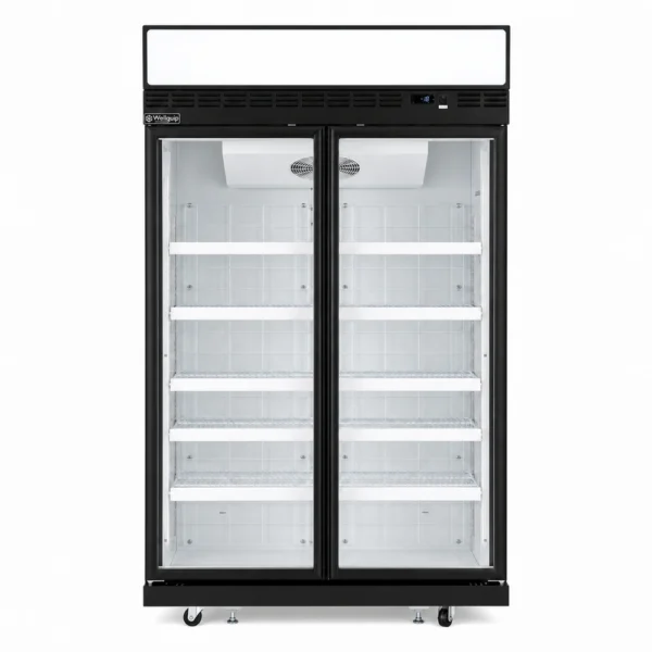 2 door upright display freezer with glass doors, auto defrost and LED lighting