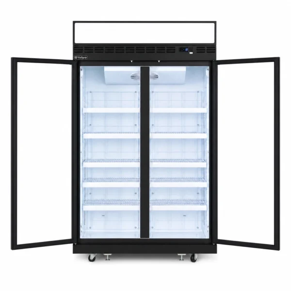 2 door upright display freezer with glass doors, auto defrost and LED lighting