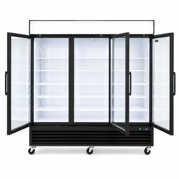 Wellquip 2090L 3 door upright display freezer FC83 front view with doors open