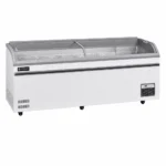 Energy-efficient glass display chest freezer with 1000L capacity, LED lighting, auto defrost and curved sliding doors