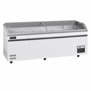 Energy-efficient glass display chest freezer with 1000L capacity, LED lighting, auto defrost and curved sliding doors
