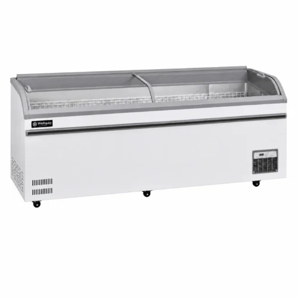 SN1000_1 Energy-efficient glass display chest freezer with 1000L capacity, LED lighting, auto defrost and curved sliding doors
