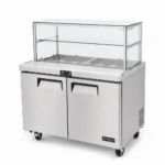 commercial salad prep fridge with glass display and stainless steel GN pans