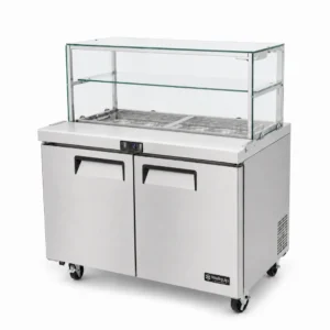 commercial salad prep fridge with glass display and stainless steel GN pans