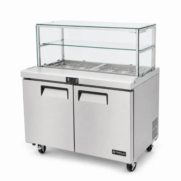 commercial salad prep fridge with glass display and stainless steel GN pans
