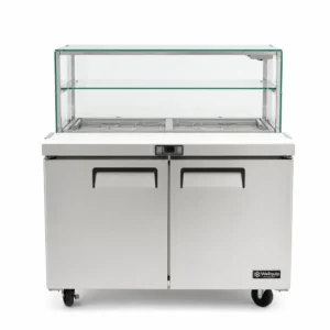 commercial salad prep fridge with glass display and stainless steel GN pans