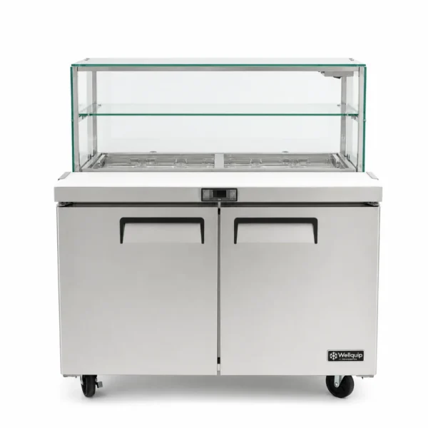 commercial salad prep fridge with glass display and stainless steel GN pans
