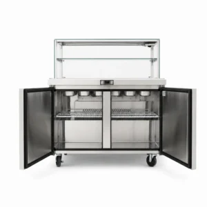 commercial salad prep fridge with glass display and open doors