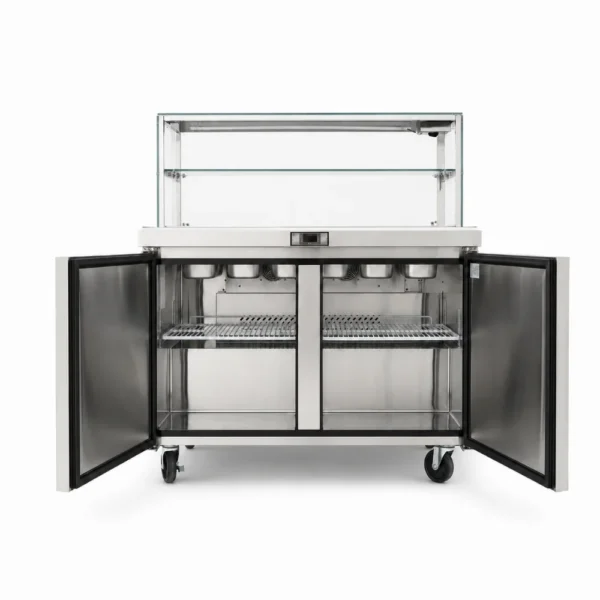 commercial salad prep fridge with glass display and open doors