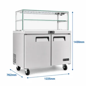 commercial salad prep fridge with glass display and stainless steel GN pans shown with overall dimensions