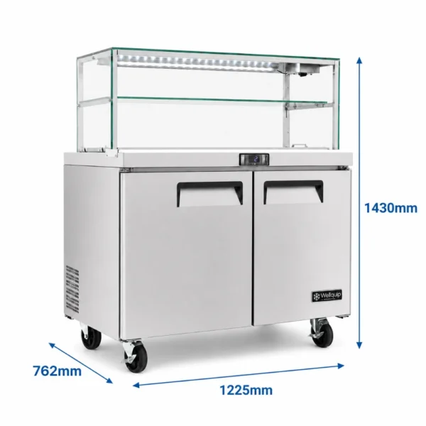 commercial salad prep fridge with glass display and stainless steel GN pans shown with overall dimensions