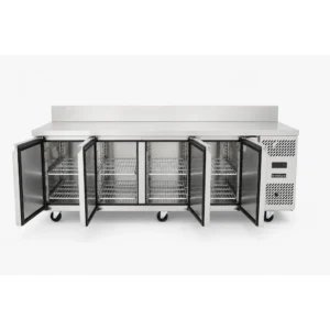 4 door commercial bench freezer with stainless steel doors, splashback and low running costs