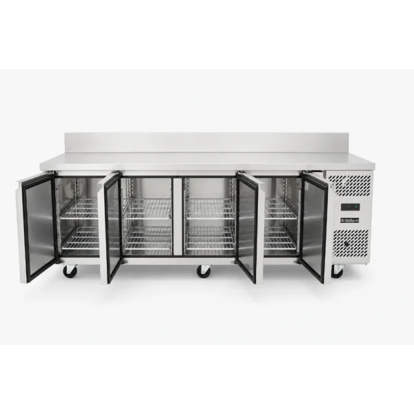 4 door commercial bench freezer with stainless steel doors, splashback and low running costs
