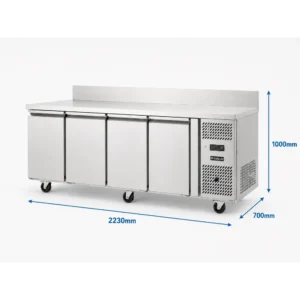 4 door commercial bench freezer with stainless steel doors, splashback and overall dimensions