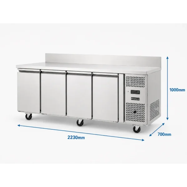 4 door commercial bench freezer with stainless steel doors, splashback and overall dimensions