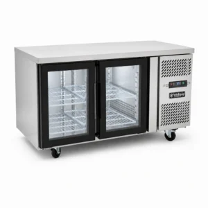 Glass door under bench fridge with 280L capacity, LED lights, fan-forced cooling and low energy usage