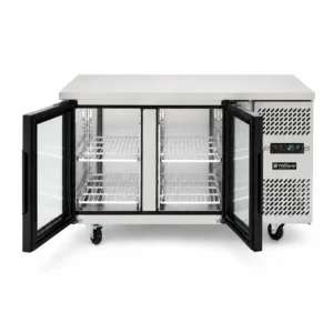 Glass door under bench fridge with 280L capacity, LED lights, fan-forced cooling and low energy usage