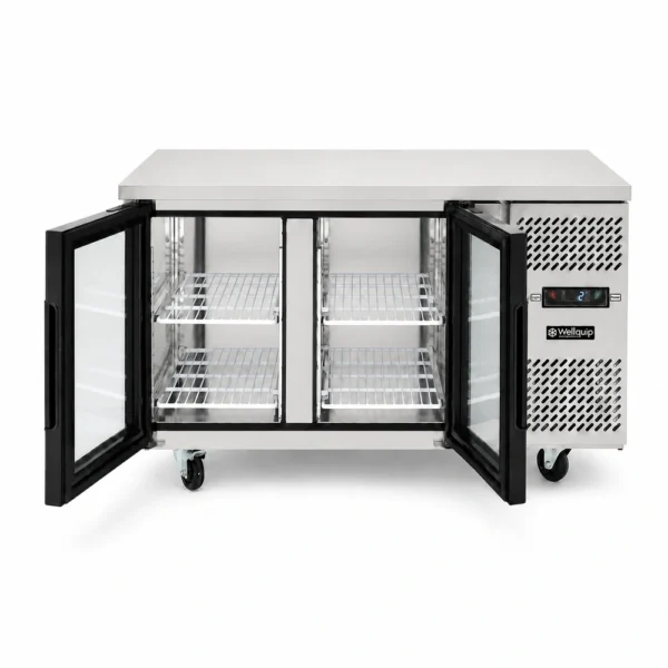 Glass door under bench fridge with 280L capacity, LED lights, fan-forced cooling and low energy usage