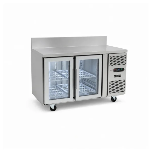 Glass door bench fridge with splashback, 280L capacity, fan-forced cooling and low energy usage