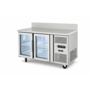 Glass door bench fridge with splashback, 280L capacity, fan-forced cooling and low energy usage