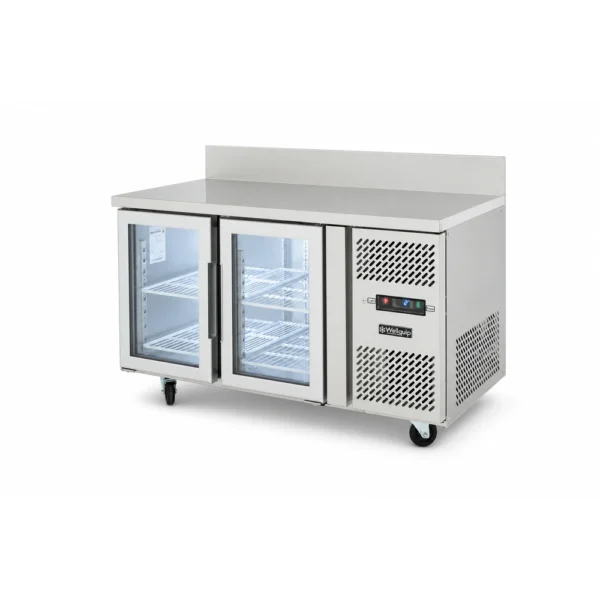 Glass door bench fridge with splashback, 280L capacity, fan-forced cooling and low energy usage