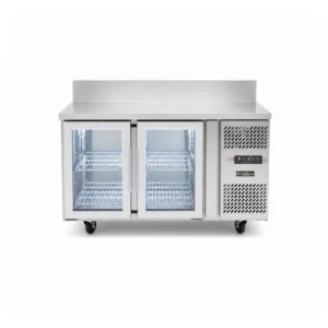 Glass door bench fridge with splashback, 280L capacity, fan-forced cooling and low energy usage