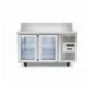 Glass door bench fridge with splashback, 280L capacity, fan-forced cooling and low energy usage