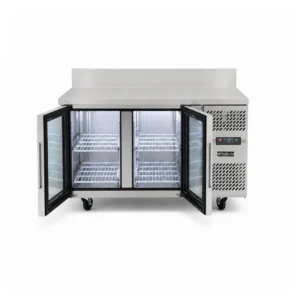 Glass door bench fridge with splashback, 280L capacity, fan-forced cooling and low energy usage, showing open doors.