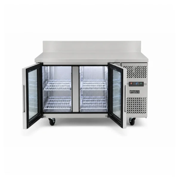 Glass door bench fridge with splashback, 280L capacity, fan-forced cooling and low energy usage, showing open doors.