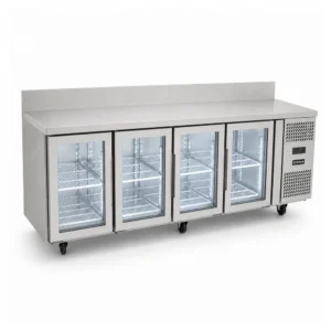 4 door splashback bench fridge with glass doors, 560L capacity, fan-forced cooling and low energy usage
