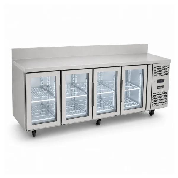 4 door splashback bench fridge with glass doors, 560L capacity, fan-forced cooling and low energy usage