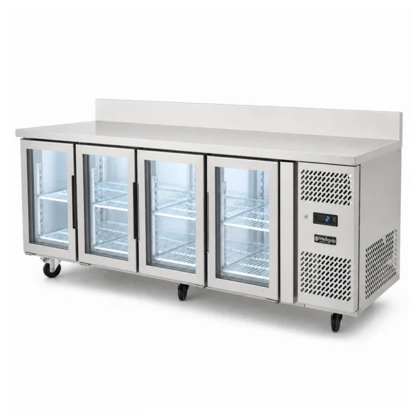 4 door splashback bench fridge with glass doors, 560L capacity, fan-forced cooling and low energy usage