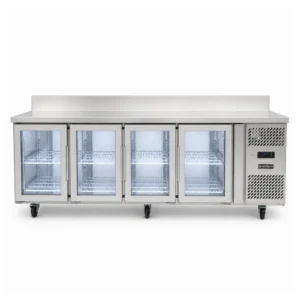 4 door splashback bench fridge with glass doors, 560L capacity, fan-forced cooling and low energy usage