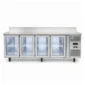 4 door splashback bench fridge with glass doors, 560L capacity, fan-forced cooling and low energy usage