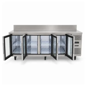 4 door splashback bench fridge with glass doors, 560L capacity, fan-forced cooling and low energy usage, shown with open doors