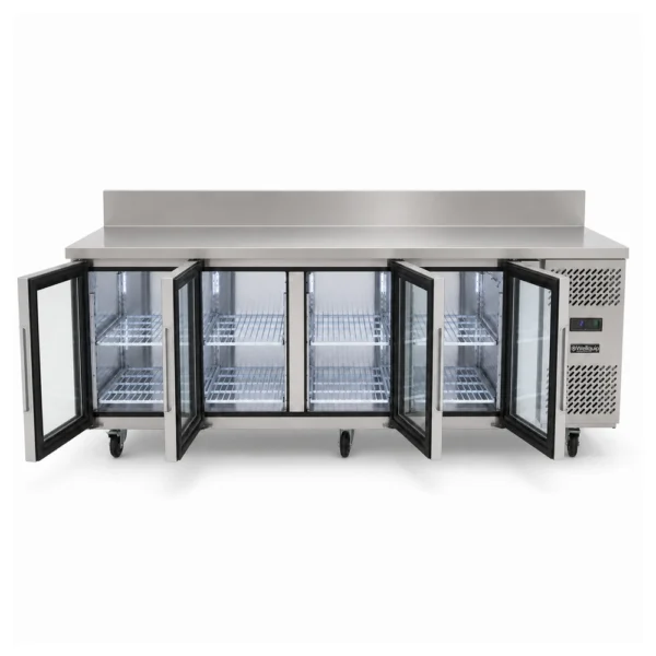 4 door splashback bench fridge with glass doors, 560L capacity, fan-forced cooling and low energy usage, shown with open doors