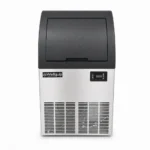 Wellquip WIC40A 40kg/day self contained commercial ice maker with stainless steel exterior, black slanted bin door, digital display and front ventilation.