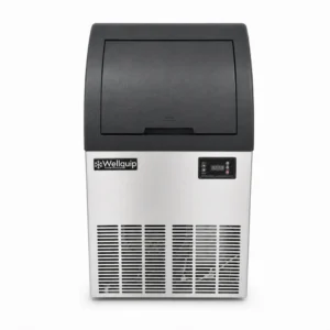 Wellquip WIC40A 40kg/day self contained commercial ice maker with stainless steel exterior, black slanted bin door, digital display and front ventilation.