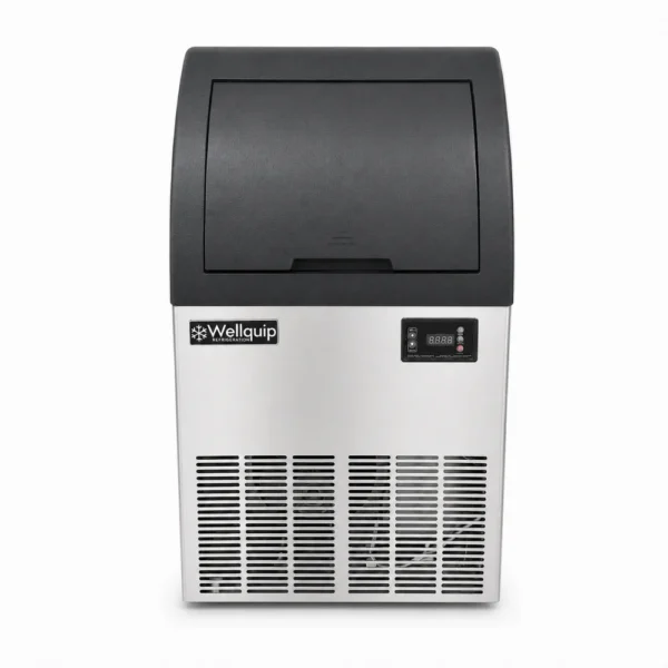 WIC40A_1 Wellquip WIC40A 40kg/day self contained commercial ice maker with stainless steel exterior, black slanted bin door, digital display and front ventilation.