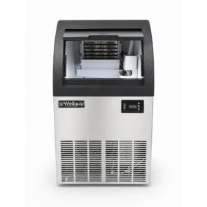 Wellquip WIC40A 40kg/day self contained commercial ice maker with stainless steel exterior, black slanted bin door, digital display and front ventilation.