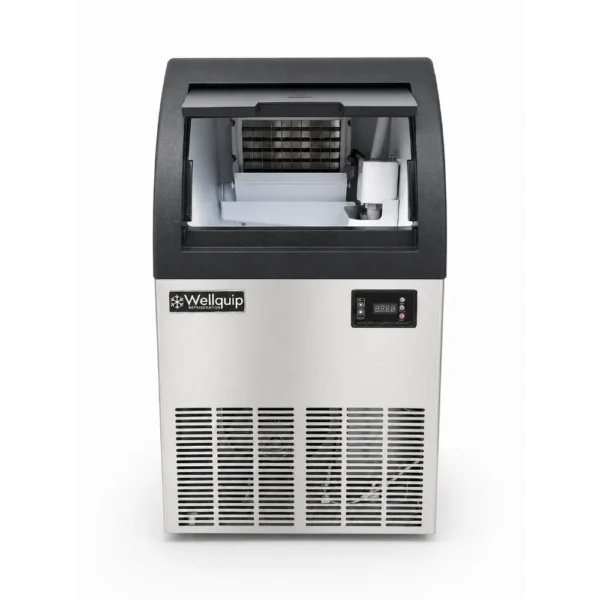 Wellquip WIC40A 40kg/day self contained commercial ice maker with stainless steel exterior, black slanted bin door, digital display and front ventilation.