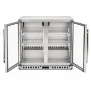 Commercial beverage fridge with hinged glass doors